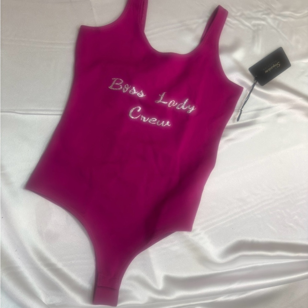 Pink Bodysuit with Silver Text